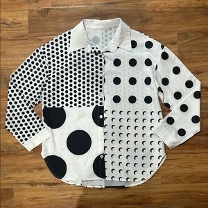 Polka Dot Collared Shirt with Half Moon Detail Modern Quirky Retro Chic
